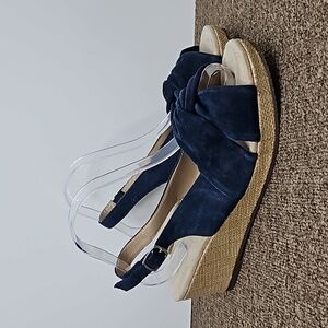 Lands End Navy Blue Suede Twisted Knot Wedge Sandals Sz Women's 11